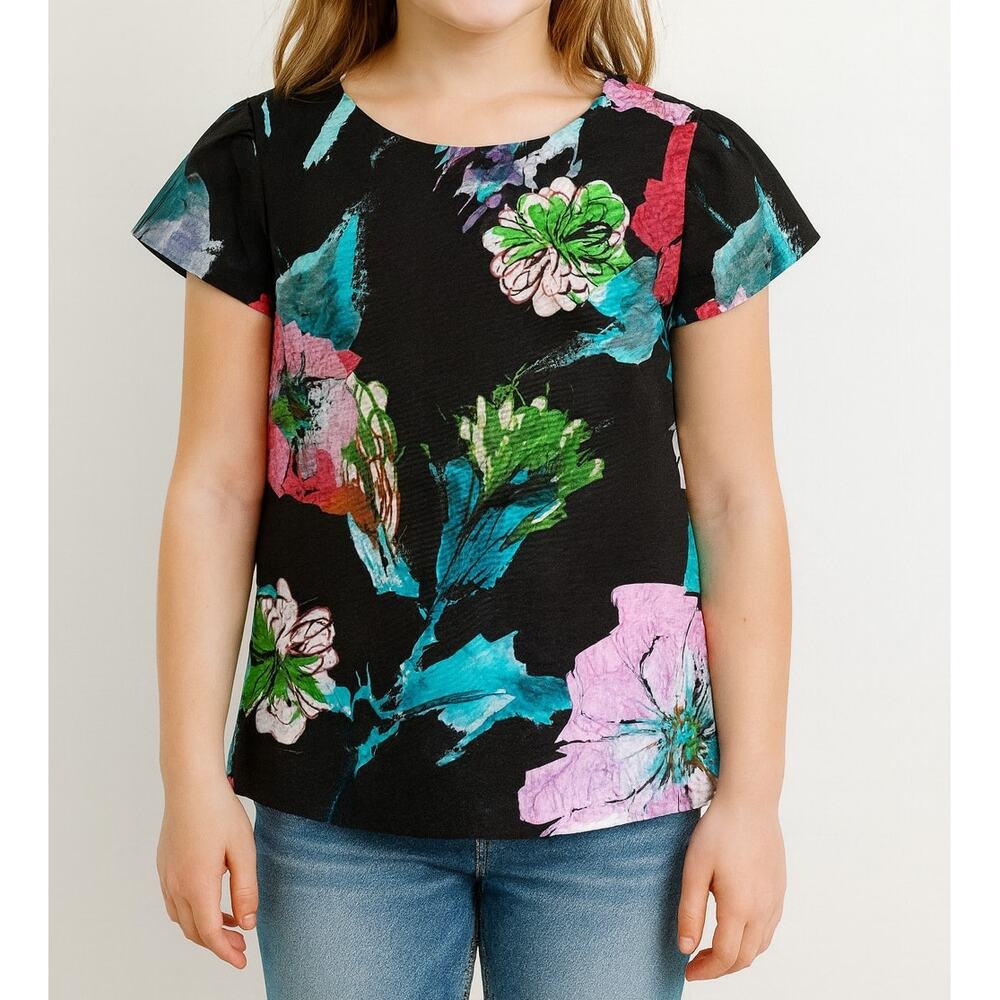 Milly Minis Designer Kid's Floral Top Girl's Size 10 Black Spring Artsy Modern